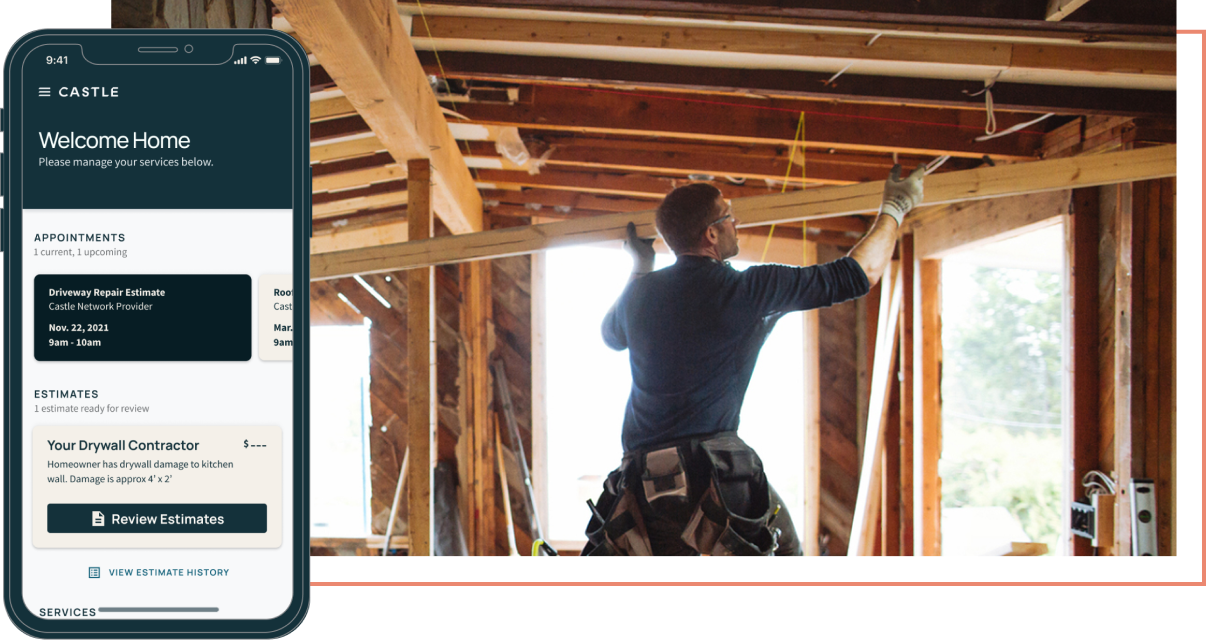 Homeowner - on Castle app website. Behind, a service provider installs a ceiling beam.